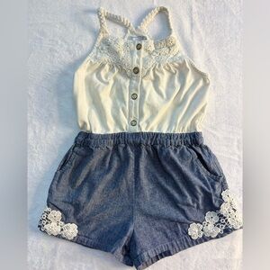 Aphorism Little Girls 6X Denim Crochet Ivory Romper